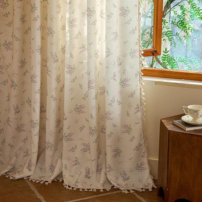ENJOYBRIDAL Purple Floral 96 Inch Curtains for Living Room Decor Drapes Semi Sheer Bedroom Rod Pocket Long Window Curtains 2 Panels Tassel Aesthetic Farmhouse Cute Boho Window Treatments