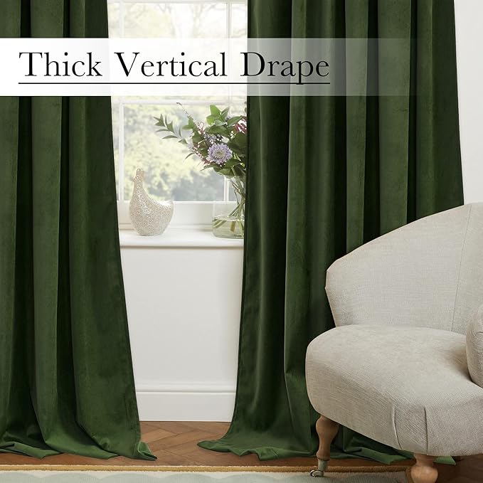 StangH Moss Green Velvet Curtains 108 inches - Luxury Christmas Decor Room Darkening Thermal Insulated Window Drapes for Dining Room/Patio Door, W52 x L108, 2 Panels