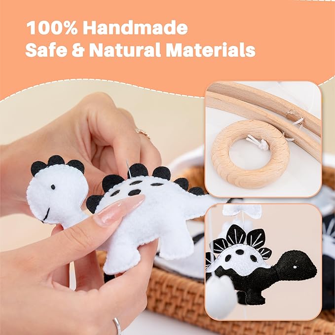 Montessori Baby Mobile – Handmade Black & White Dinosaur Crib Mobile – Nursery Decor for Boys and Girls – Newborn Visual Development – Perfect Baby Shower Gift
