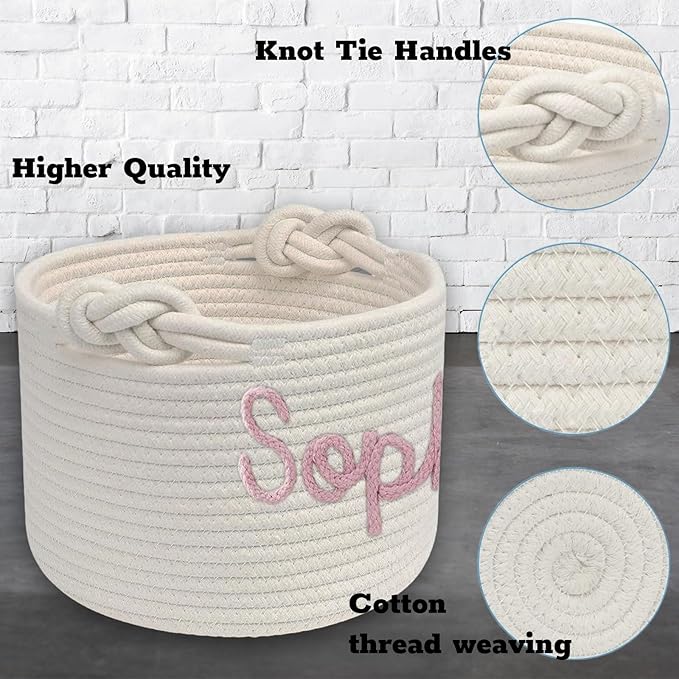 Personalized Dog Toy Basket Custom Rope Woven Box with Pet's Name Dog Storage Organizer with Handles Cute Toy Bin for Cat White