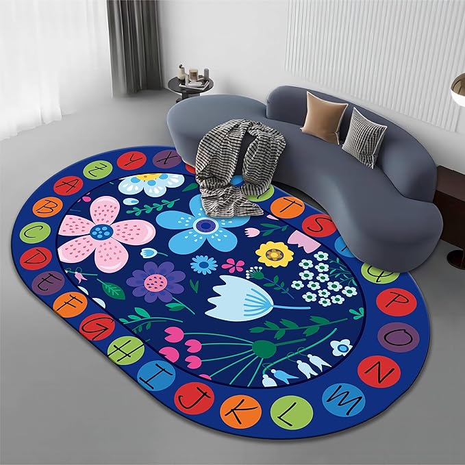 Kids Educational Oval Rug, 4x5ft, ABC Alphabet Learning Play Mat, Cute Colorful Flowers Plants Designs Rugs, Non-Slip Washable Carpet for Bedside Boys Girls Teens Room Nursery Decor Floor Mat