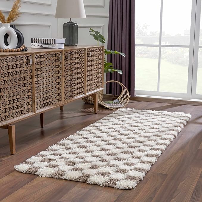 Hauteloom Atira Contemporary Checkered Fluffy Shag Area Rug - Modern Geometric Carpet Tiles for Living Room, Kids Room, Nursery - Plush Pile - Brown, Cream, White - 7'10" x 10'3"
