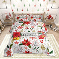Castle Fairy Merry Christmas Comforter Set Queen Size,Red Xmas Flowers Berry Leaves Plant Bedding Set for Women Adult,Floral Themed Bell Socks Print Luxury Bed Duvet Insert, 2 Pillowcases