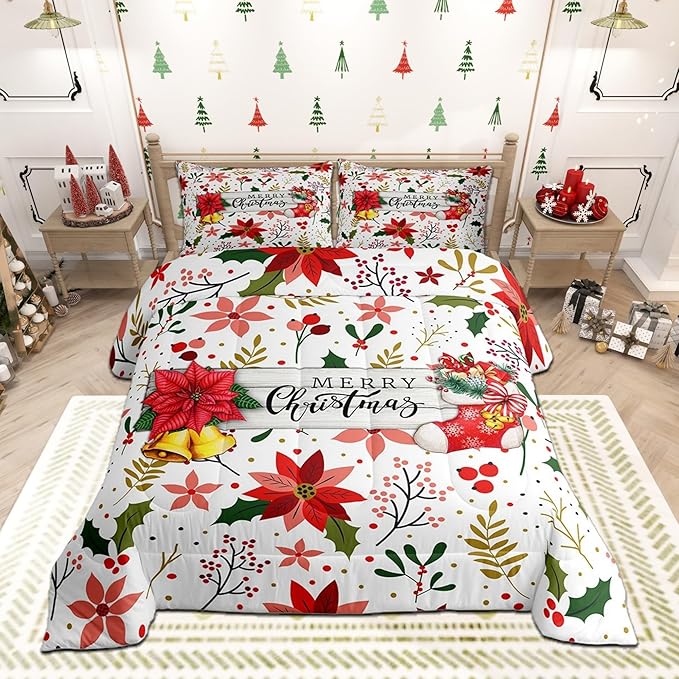 Castle Fairy Merry Christmas Comforter Set Queen Size,Red Xmas Flowers Berry Leaves Plant Bedding Set for Women Adult,Floral Themed Bell Socks Print Luxury Bed Duvet Insert, 2 Pillowcases