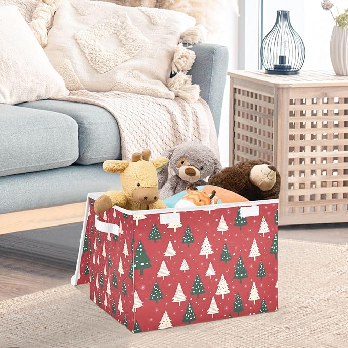 Large Storage Bins with Linen Collapsible Foldable Storage Cubes Fabric Closet Organizer Containers box with Flip-Top Lid for Home Bedroom Office 16.7 x 12.6 x 11.8in (Linen-red Christmas Trees)