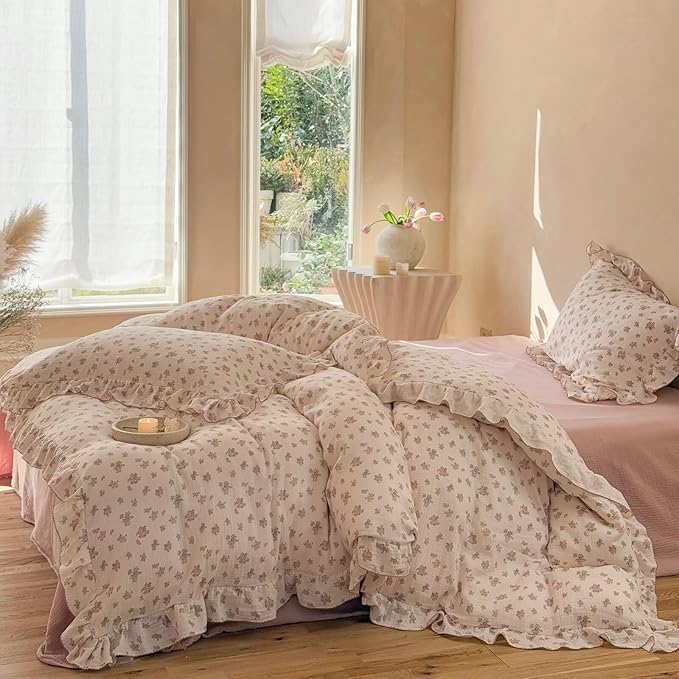 BuLuTu Cottage Floral Duvet Cover King, Ruffles Princess Comforter Cover 90"x104", Muslin Quilt Covers with Zipper, No Pillow Case, Soft Lightweight Gauze Bedding, Machine Washable
