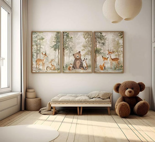 3Pcs Woodland Animal Nursery Canvas wall art Wild Animals Forest Paintings Pictures Wall Decor Fox Bear Deer Watercolor Poster Printing Artwork for Boys Room Girls Room Home Decoration Unframed