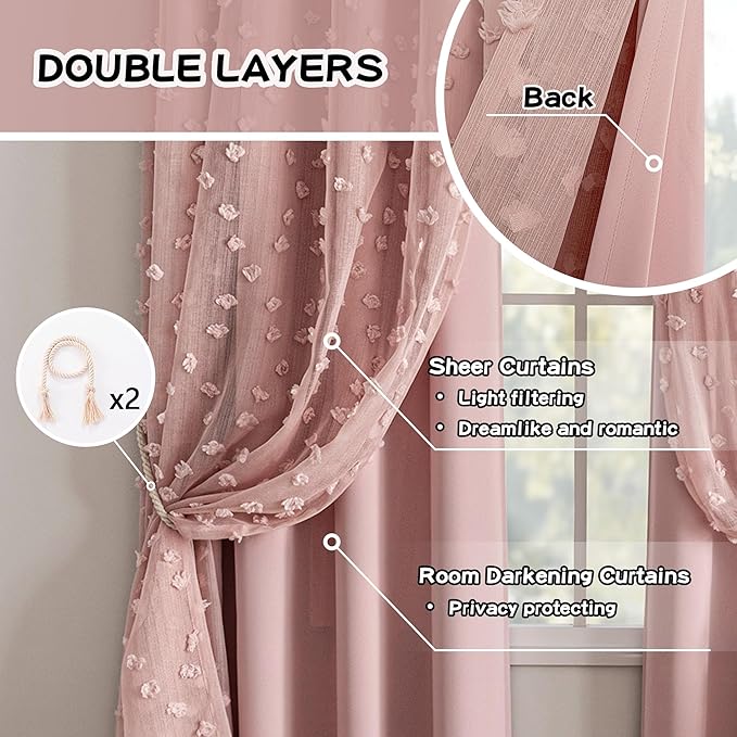 MYSKY HOME Pink Curtains for Bedroom 95 Inches Long Living Room Curtain with Pink Pom Pom Sheer for Dining Room Grommet Double Layer Nursery Curtain Drapes Room Darkening Window Panels 52 Wide