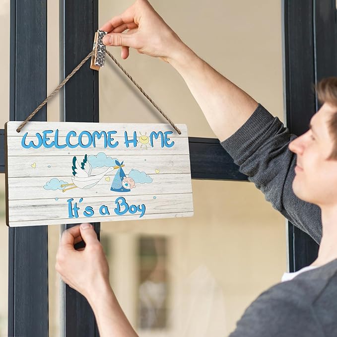 Welcome Home Newborn Baby It’s a Boy Wooden Door Sign, Baby Boy Signs for Door, Welcome Sign Décor for Front Door & Nursery, Hanging Newborn Announcement Plaque