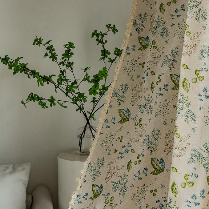 ENJOYBRIDAL Leaf Curtains 84 Inch Length 2 Panels Tassel Boho Semi Sheer Drapes Bedroom Living Room Farmhouse Floral Rustic Country Rod Pocket Cotton Linen Blend Window Curtain Panel