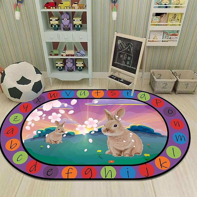 Rabbit Print Area Rug, 6x8ft, Bunny Sakura Flower Easter Floor Mat, Educational and Fun Rugs with ABC Alphabet, Non-Slip Washable Kids Play Mat for Boys and Girls Home Decor