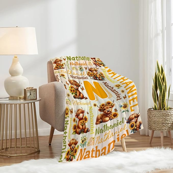 Personalized Custom Sunflower Highland Cow Blanket Gift for Kids Boys Girls with Name - Customized Sunflower Highland Cow Super Soft Flannel Sheets Decor for Crib Nap Couch - 90"x120" for Whole Family