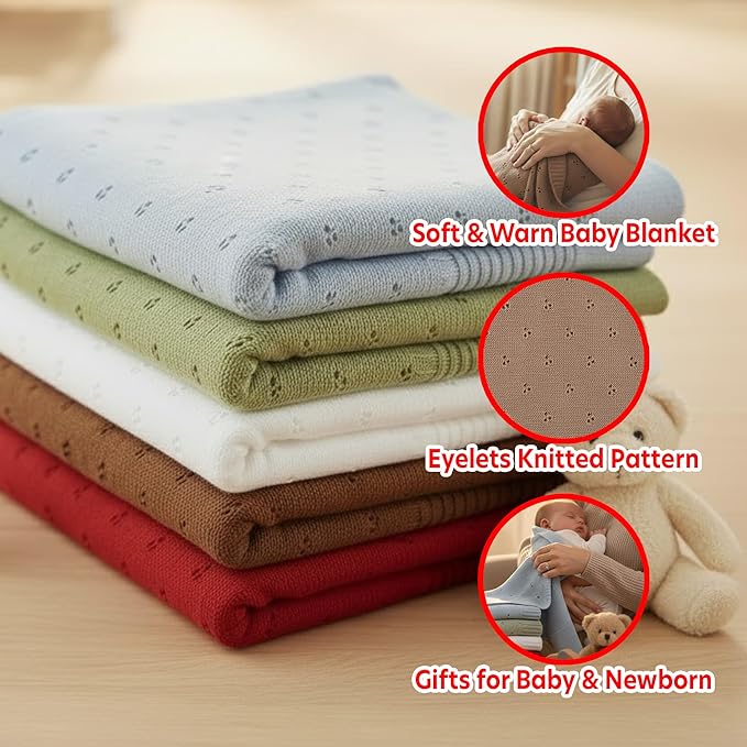 Baby Knit Blanket, 100% Cotton Eyelet Patterns, Soft, Cozy, Lightweight Swaddle for Newborn & Infant Swaddling Beige Neutral, Perfect Baby Shower Ideas Mocha 28x36