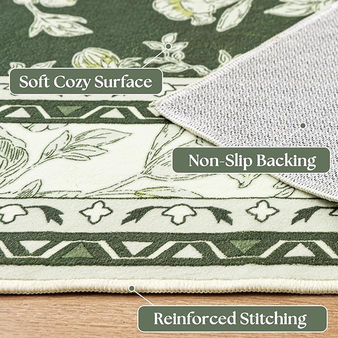 Olive Green Floral Print Area Rugs for Bedroom Living Room Boho Farmhouse Country Rustic Dining Room Carpet Soft Washable Rugs Non Slip Floor Covering for Nursery Playroom 10x14