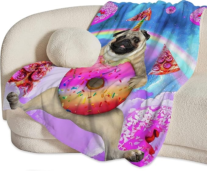 Pug Blanket Funny Pug Gifts for Girls Boys Woman Kids Doughnut Pizza Lover Dog Throw Blankets Soft Blanket Warm Fleece Flannel Plush Blankets for Bed Sofa Couch 60"x80"