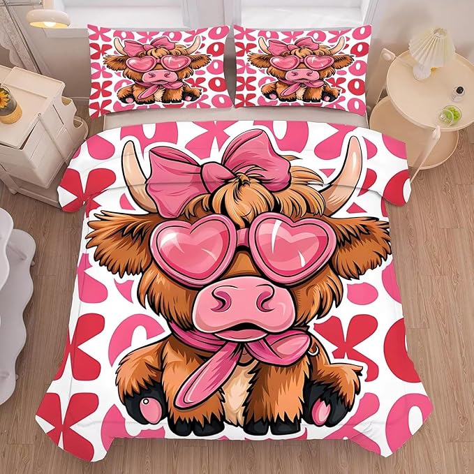 kxry Cute Cattle Comforter Set Full Size Cartoon Calf Animal Bedding Sets for Girls Teens Kids Funny Animal Soft Microfiber Lightweight Comforter Set with 1 Comforter + 2 Pillow Cases