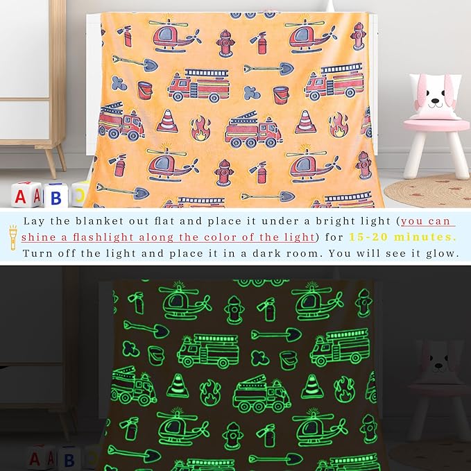 Glow in The Dark Blanket Toy Fire Trucks Blankets for Toddler Boys Gifts Cars Throw Blanket Firetruck Birthday Gifts for Kids