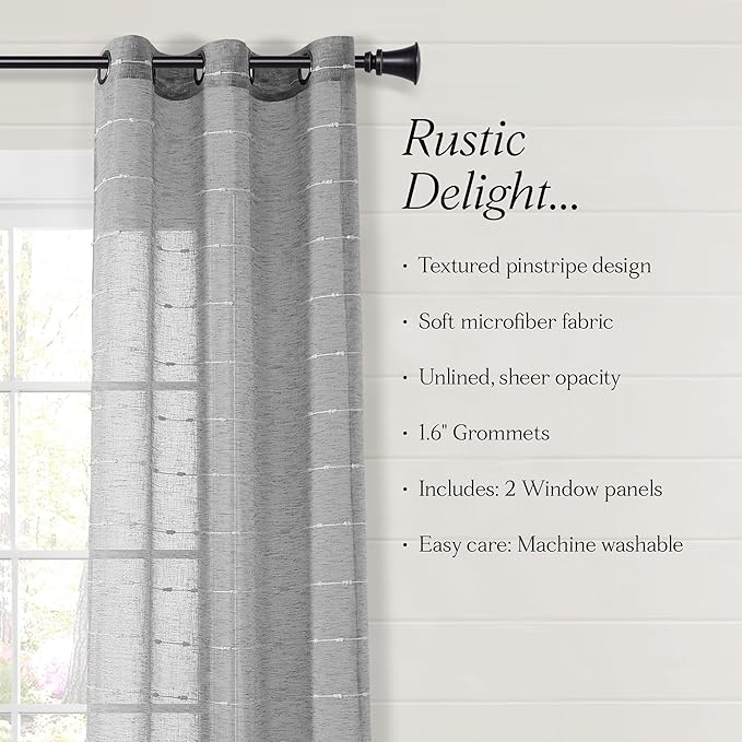 Lush Decor Farmhouse Textured Grommet Sheer Window Curtain Panel Pair, 38"W x 63"L, Dark Gray