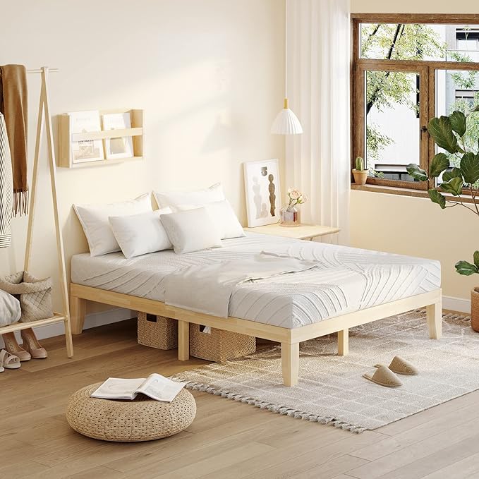 KOMFOTT 14 Inches Wood Platform Bed Frame Queen Size, Wooden Mattress Foundation with Rubber Wood Frame, Strong Wooden Slats Support, No Box Spring Needed, Bed Frame (Natural)
