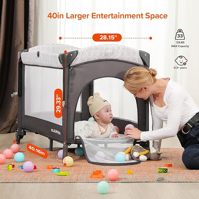 ELEMARA 3 in 1 Wide Baby Bassinet with Ajustable Side,2024 All Mesh Bedside Sleeper with Mattress,Sheet,Storage Pocket,Wheels and Trap,Playpen Travel Crib Bed with Bag