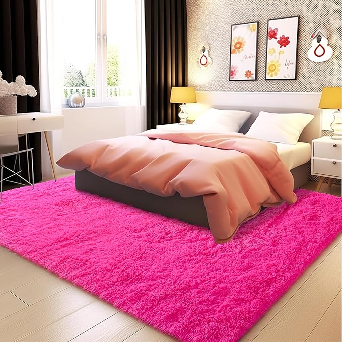 Fluffy Area Rug 9x12 Living Room, Hot Pink Rugs for Bedroom Girls, Extra Large Rug Big Carpet 9 by 12 Fuschia