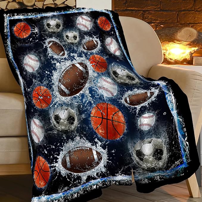Sports Balls Blanket for Girls Boys Fans Basketball Baseball Football Soccer Throw Blankets Soft Cozy Warm Fuzzy Fleece Bedding Flannel Throws Stuff Gifts Kids Men Women Bedroom Decor 60"x50"