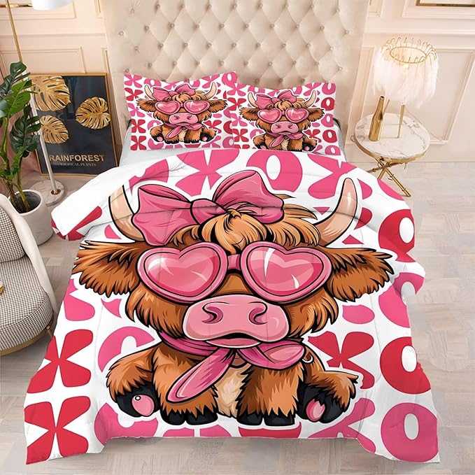 kxry Cute Cattle Comforter Set King Size Cartoon Calf Animal Bedding Sets for Girls Teens Kids Funny Animal Soft Microfiber Lightweight Comforter Set with 1 Comforter + 2 Pillow Cases