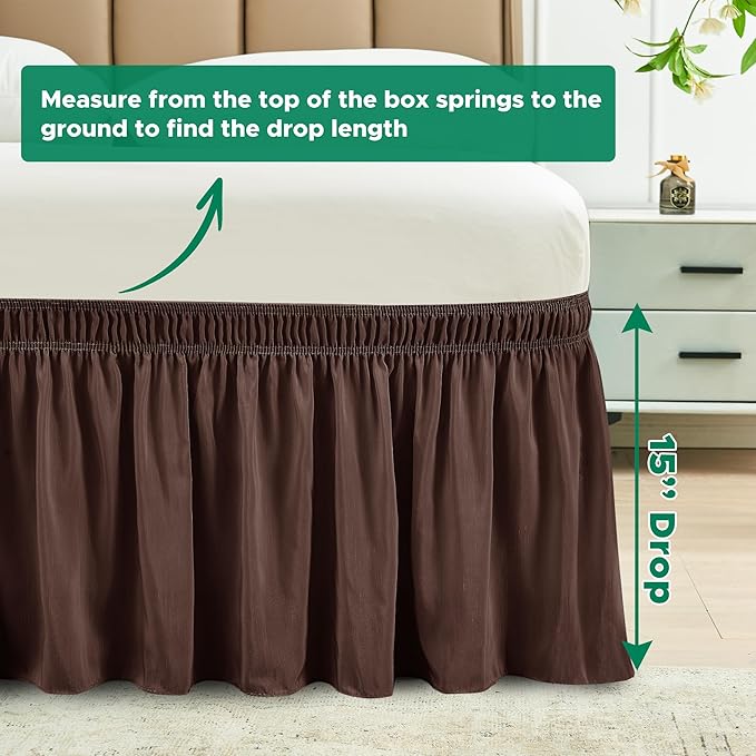 Biscaynebay Wrap Around Bed Skirts for Queen Beds 15" Drop, Brown Adjustable Elastic Dust Ruffles Easy Fit Wrinkle & Fade Resistant Silky Luxurious Fabric Machine Washable
