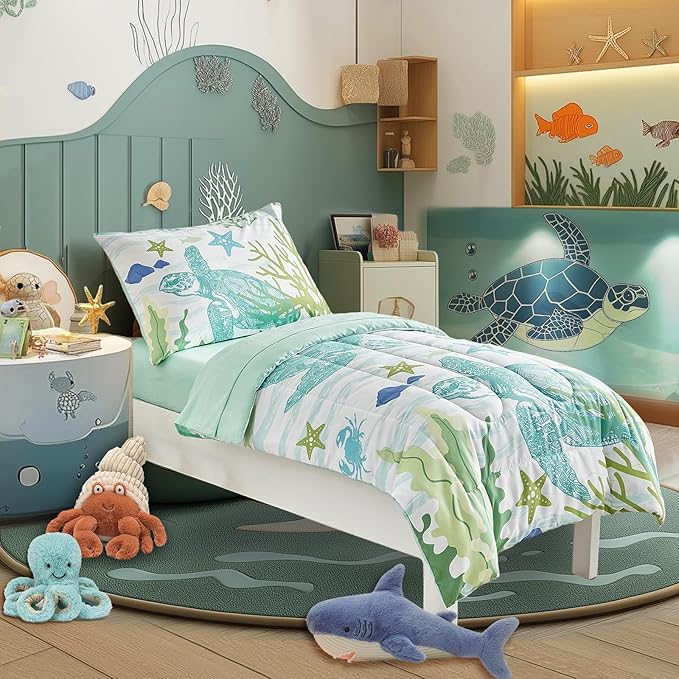 4 Pieces Sea Turtle Toddler Bedding Set for Boys Girls Teal Blue White Toddler Bed Set with Seaweed Starfish Soft Blue Cute Toddler Bed in a Bag with Sheet Set and Pillow Shams
