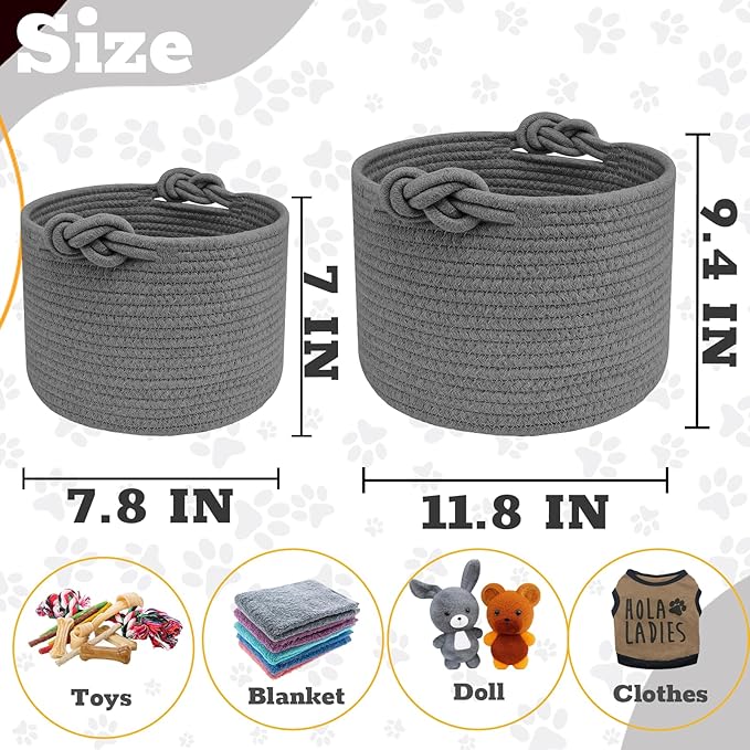 Personalized Dog Toy Basket - Custom Storage Box With Pet's Name, Rope Woven Organizer With Handles, Cute Bin for Cats and Dogs - Grey
