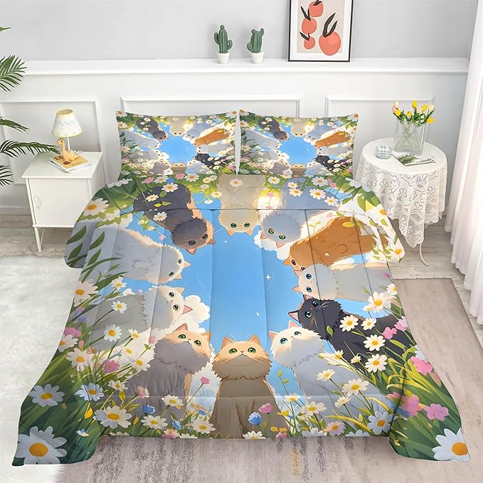 Cats Comforter Set Queen: Kawaii Floral Cat Bedding Set Daisy Kitten Blue Sky Quilts Cartoon Flowers Feline Cute Pets Bed Sets for Women Girls Tween Adults 3 Piece