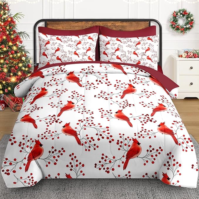 5 Pcs Twin Size Christmas Comforter Set with Pillowcase & Sham, Winter Cardinal Bird Bedding for Kids and Adults, Berries Branches Bed in a Bag with Flat Fitted Sheet