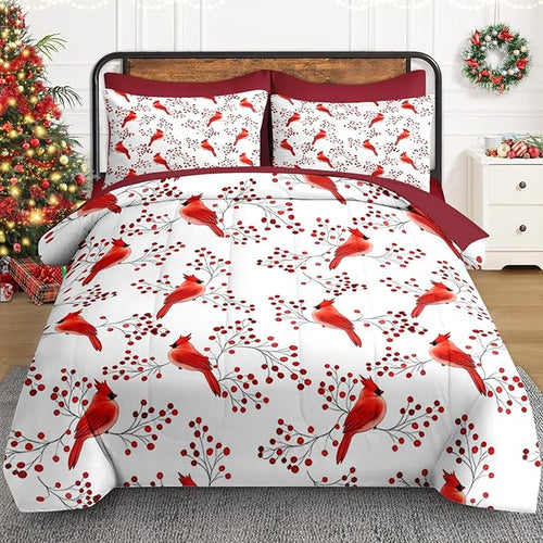 7 Pcs Full Size Christmas Comforter Set with 2 Pillowcases & 2 Shams, Winter Cardinal Bird Bedding for Kids and Adults, Berries Branches Bed in a Bag with Flat Fitted Sheet