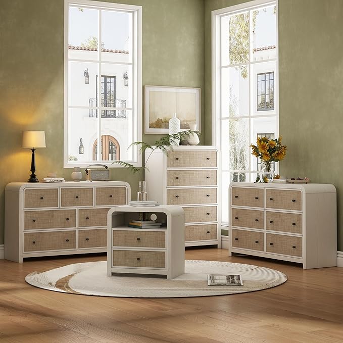 Oak&Sparrow 5 Drawer Tall Dresser for Bedroom, 47'' Rattan Dresser with Ample Storage, Boho Chest of Drawers, Thickened Curved Profile Design, Oak Dressers for Bedroom, Living Room
