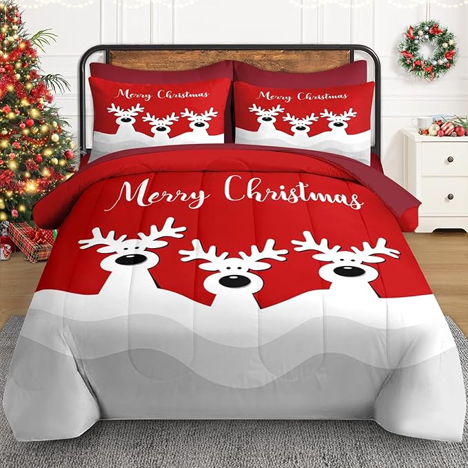 5 Pcs Twin Size Christmas Comforter Set with Pillowcase & Sham, Cute Cartoon Reindeer Bedding for Kids and Adults, Winter Merry Xmas Bed in a Bag with Flat Fitted Sheet