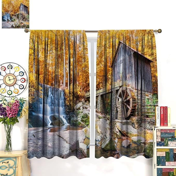 Autumn Waterfall Blackout Curtains, Landscape Fall Waterfall Outdoor Nature Art Window Drapes, for Bedroom Living Room 42" W X 45" L
