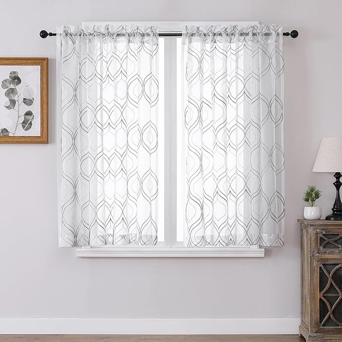 VISIONTEX White Sheer Curtains 54 Inch Length 2 Panels Set Grey Moroccan Embroidered Curtains Trellis French Textured Rod Pocket Voile Tulle Semi Window Drapes for Bedroom Living Room 54 x 54 Inches