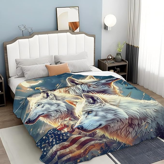 Tijuboni American Wolf Throw Blanket Wolf Gifts for Girls Boys Women Men Kids Adults Soft Flannel Fleece Blanket for Couch Sofa Bed Home Decor 50"x60"