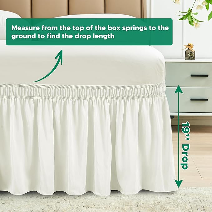 Biscaynebay Wrap Around Bed Skirts for King & Cal King Beds 19" Long Drop, Ivory Adjustable Elastic Dust Ruffles Easy Fit Wrinkle & Fade Resistant Silky Luxurious Fabric Solid Machine Washable