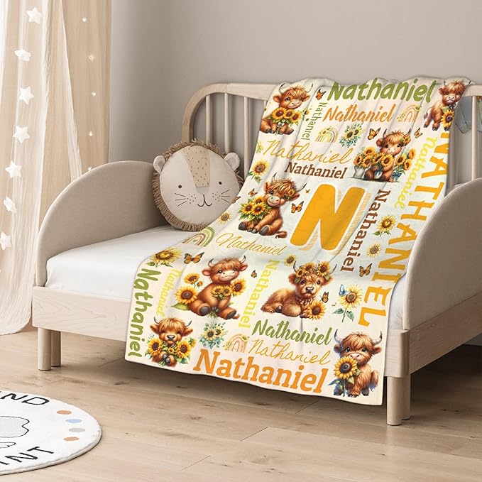 Personalized Custom Sunflower Highland Cow Preschool Blanket Gifts for Baby Toddler Kids Boys Girls Pets - Customized Sunflower Highland Cow Super Soft Flannel Sheets 30"x40" Decor for Crib Nap Couch