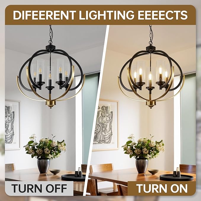 WJShome 5-Light Black and Gold Chandelier, 24" Farmhouse Dining Room Light Fixture, Adjustable Hanging Ceiling Lantern Pendant Light, with Glass Shade Globe Chandeliers, for Kitchen, Bedroom, Foyer