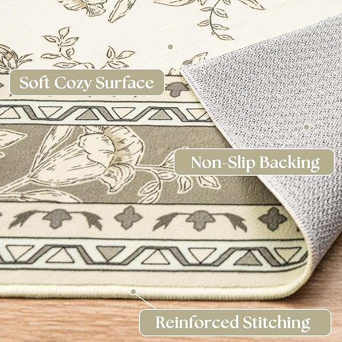 Beige Tan Neutral Boho Washable 3x8 Extra Long Hallway Runner Rug, Extra Large Kitchen Floor Rug Indoor Entryway Non-Slip Low Pile Machine Washable, Farmhouse Light Taupe Pattern Floral Design