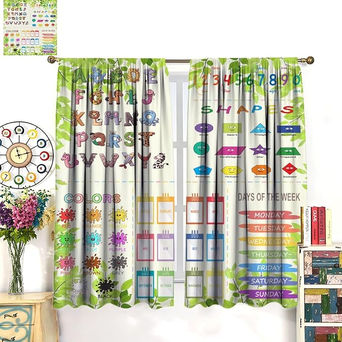 Kids Alphabet Curtain Cartoon Animal Nursery Rustic Leaves Plant Funny School Education Learning Tools Printed Rod Pocket Blackout Window Drapes for Bedroom Living Room 84" W X 84" L