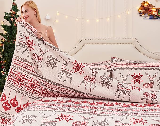 Christmas Quilt Set Twin Size Christmas Bedding Xmas Quilt Bedspread Coverlet Holiday Christmas Bed Set Deer Snowflake Christmas Decor Quilt Soft Lightweight Christmas Quilt Bedding,Red White