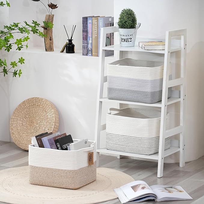 COMFY-HOMI 3-Pack Cotton Rope Woven Basket with Handles for Shelves, Books, Toys, Cloth Storage|Towel Storage|Nursery Baby Basket - 13.5" x 11" x 9.5" for Living Room (White/Brown)