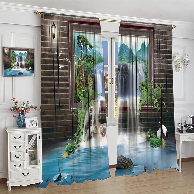 Waterfall Blackout Window Curtains, Tropical Rainforest Jungle Plants Forest Wild Nature Landscape Window Drapes, for Living Room Bedroom 63x63in 2 Panels