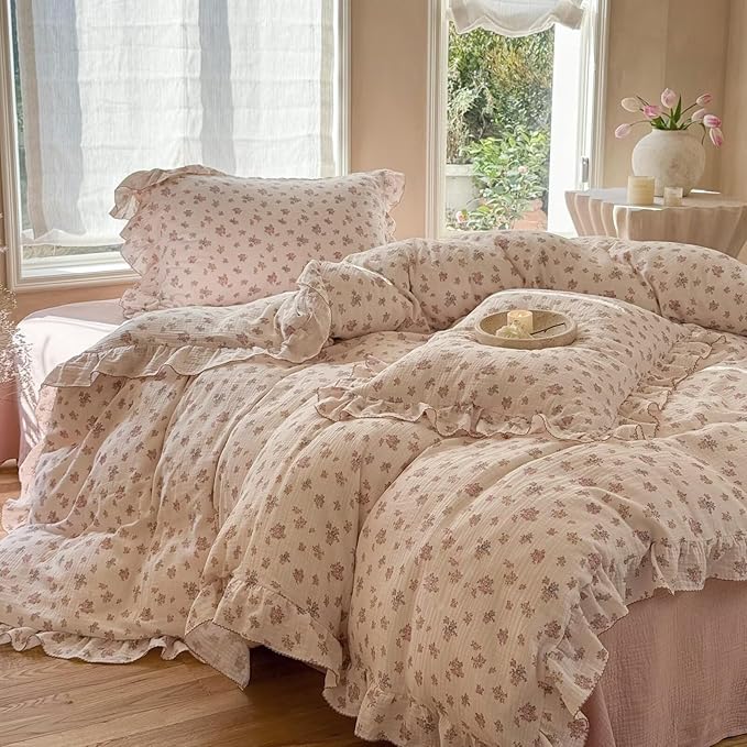 BuLuTu Kids Toddler Girls Duvet Cover Twin Retro Tuberose Floral Quilt Cover with Ruffles, Muslin Comforter Cover Soft Breathable Gauze Cotton Children Bedding, No Pillow, Zipper,4 Ties