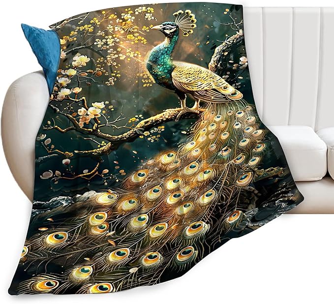 Peacock Blanket Gold Peacock Gifts for Girls Boys Woman Kids Lover Throw Blankets Soft Blanket Warm Fleece Flannel Plush Blankets for Bed Sofa Couch 60"x80"