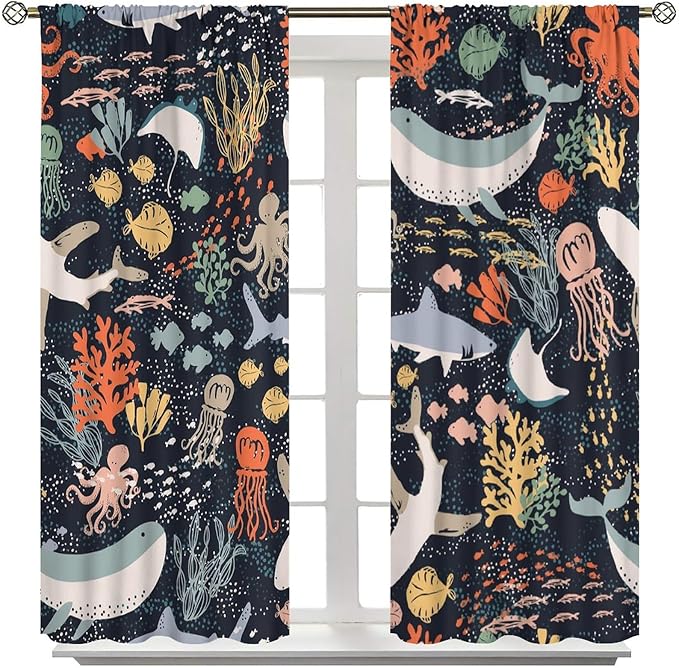 Sea Animals Curtain Cartoon Fish，Undersea Cute Whales Dolphin Underwater Wild Life Blue Ocean Boys Girls Waterproof Polyester Fabric Bedroom Decoration Set 2 Panels,72x63 Inches
