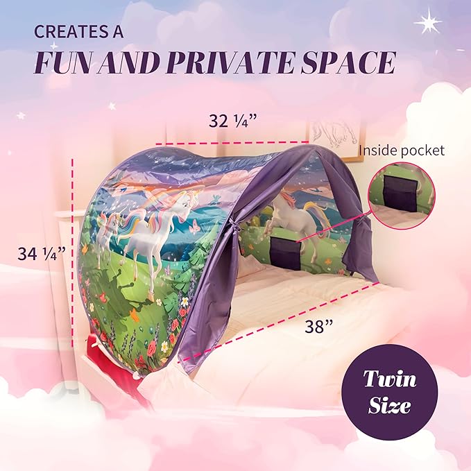 Unicorn Themed Toddlers Canopy Tent for Bed | Magical Glow-in-The-Dark Elements & Friendship Affirmations | Cozy Kids Bed Tent Twin for Bedtime Reading Nook & Imaginative Play